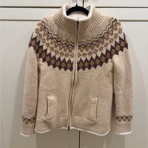 L.L. Bean Beige Cream Zip-Up Nordic Pattern Wool Jacket
